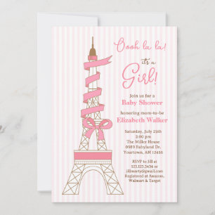 Convites Chá de Bebê Tema Torre Eiffel Paris menina rosa