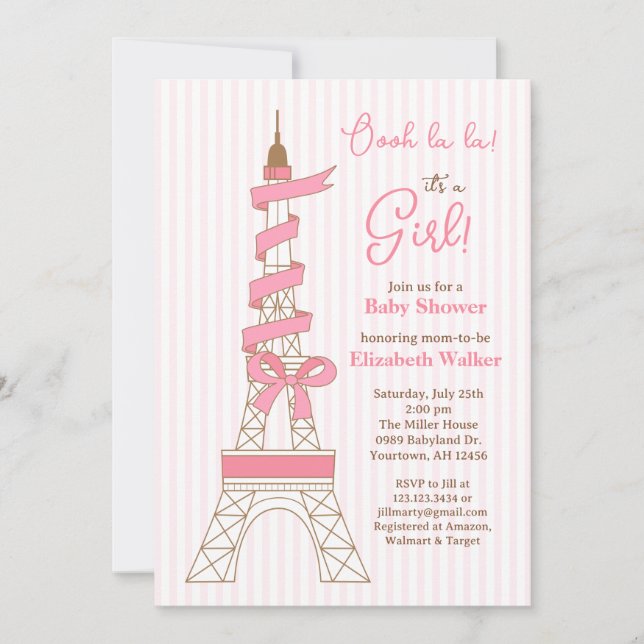 Convites Chá de Bebê Tema Torre Eiffel Paris menina rosa (Frente)