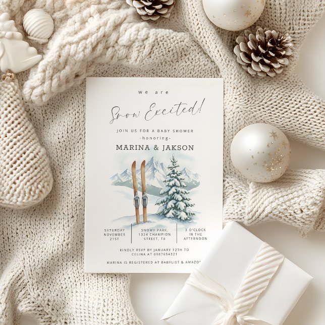 Convites Chá de bebê temático de esqui, Neve Animada (ski themed baby shower invite)
