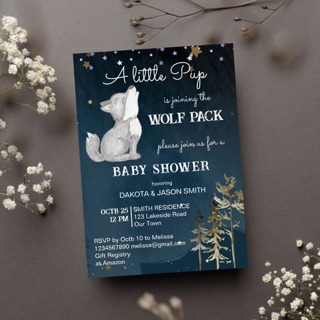 Convites Chá de bebê temático de lobo pequeno (Little wolf cute wold pup baby shower template invitation instant download dark starry night woodlan)
