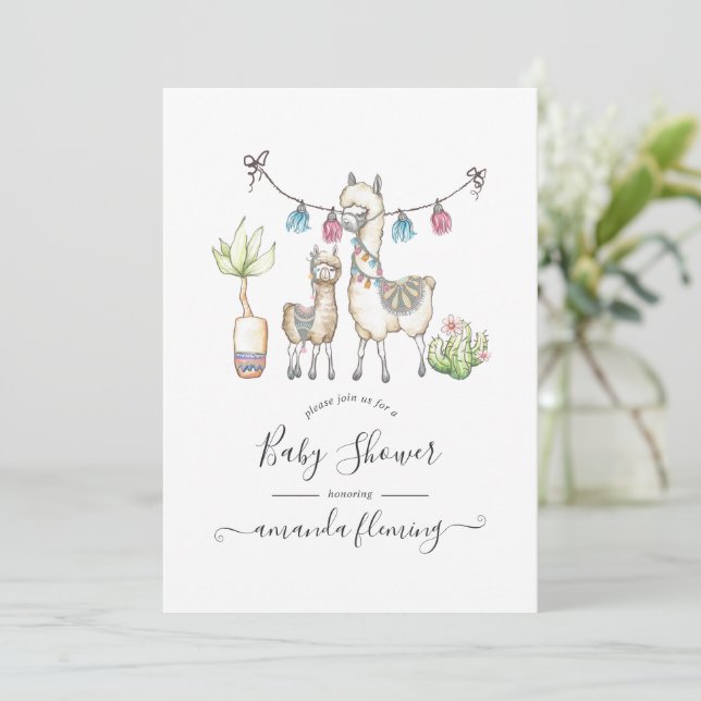 Convites Chá de Bebê temático Llama em Aquarela (Em pé/Frente)