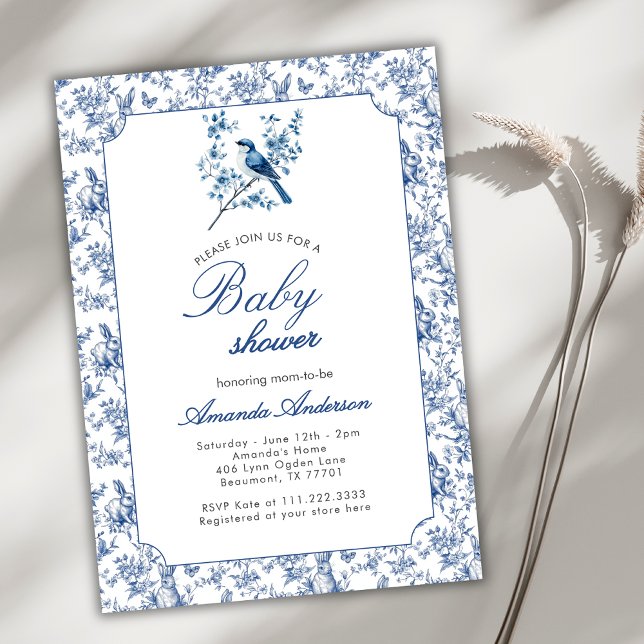Convites Chá de Bebê Toile De Jouy Azul Coelho Passarinho V (Criador carregado)