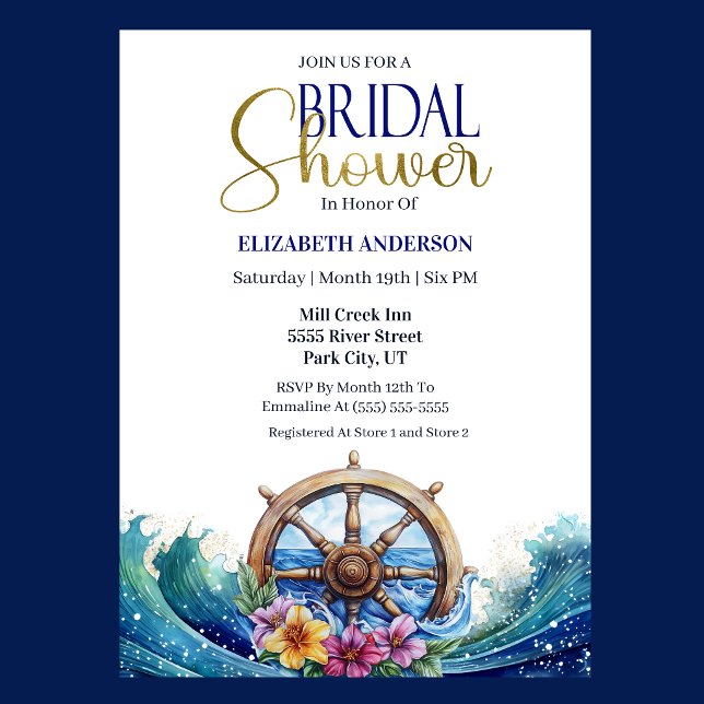 Convites Chá de Bebê Tropical com Rodinha de Flores Nupcial (Nautical Bridal Shower invitation with ship wheel, ocean waves, and tropical flowers )