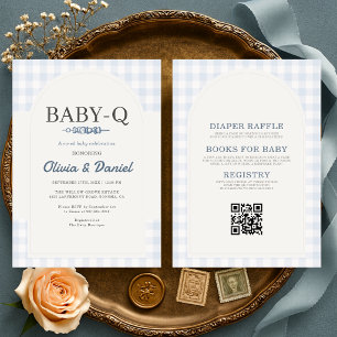 Convites Chá de Bebê 'Tudo em Um' Azul Xadrez BBQ Baby-Q