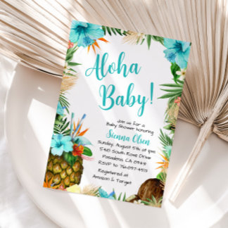 Convites Chá de Bebê Turquesa Aloha, Luau Havaiano