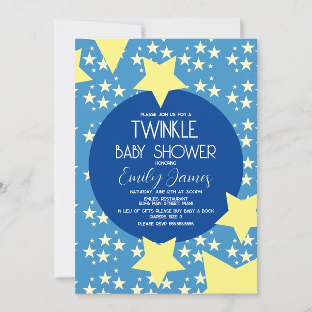 Convites Chá de Bebê Twinkle Estrelas Amarelas Fundo Azul (Frente)