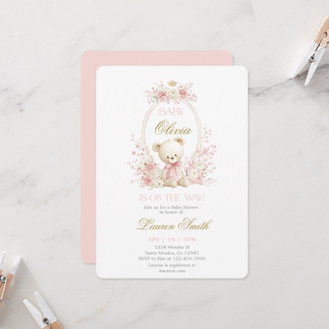 Convites Chá de Bebê Ursinho Bebê Menina (Frente/Verso In Situ)