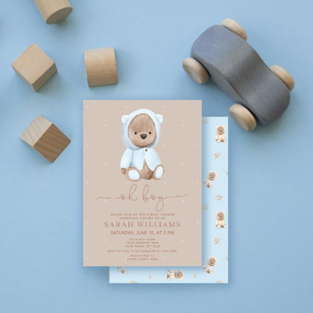 Convites Chá de Bebê Urso Azul Empoeirado Menino Minimalist (Criador carregado)