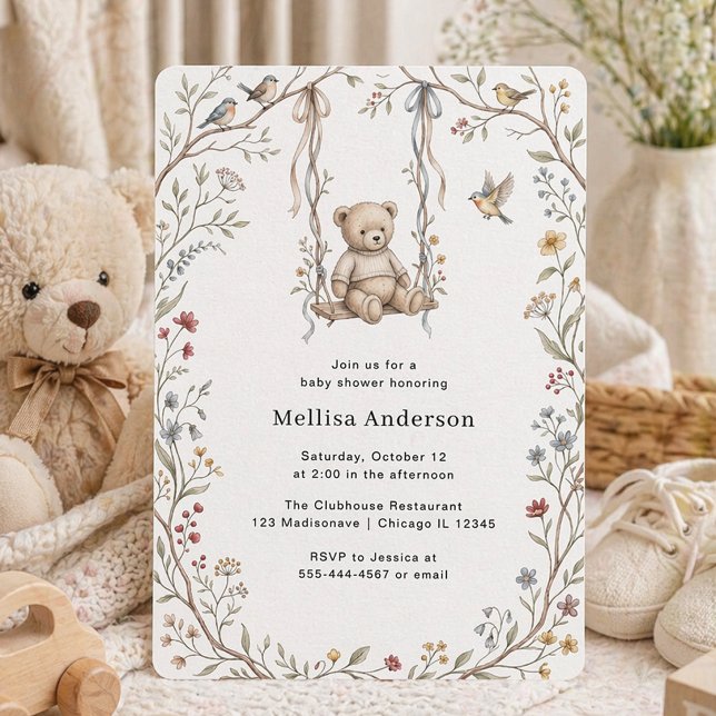 Convites Chá de Bebê Urso Balanço de Aquarela Caprichoso (Criador carregado)