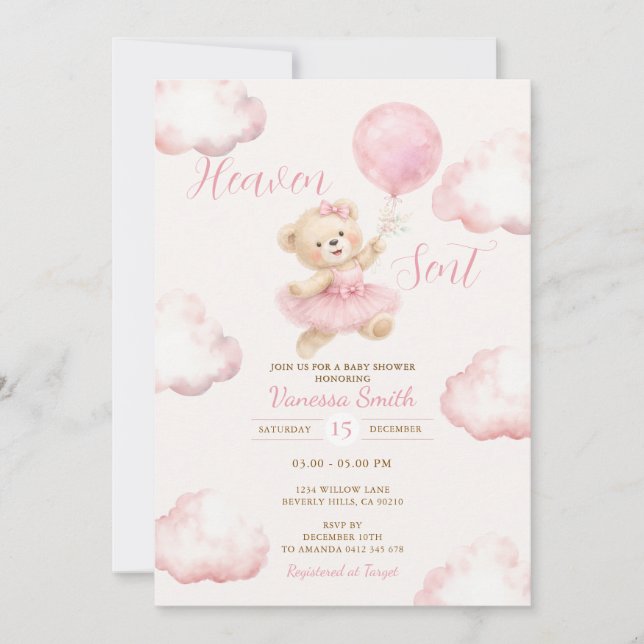 Convites Chá de Bebê Urso Bebê Rosa Nuvem Céu Enviado (Frente)