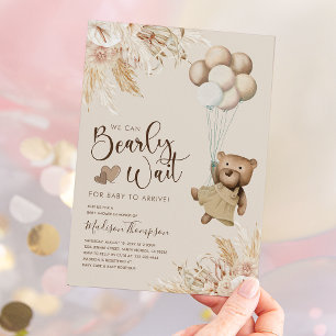 Convites Chá de Bebê Urso Boho com Grama das Pampas