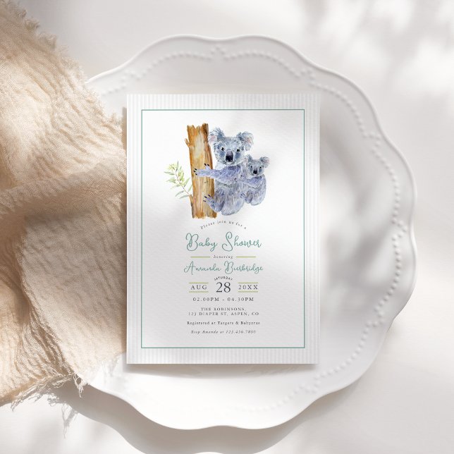 Convites Chá de Bebê Urso Coala Fofo Folhas de Eucalipto (Cute Koala Bear Eucalyptus Leaves Baby Shower Invitation)