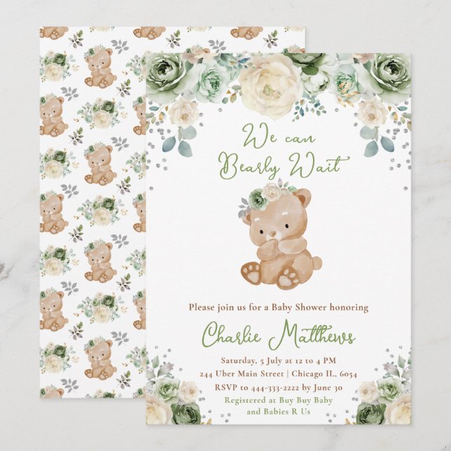 Convites Chá de Bebê Urso com Flores Verde Salvia e Marfim (Frente/Verso)