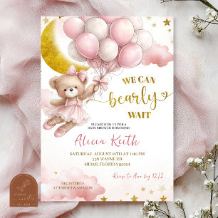 Convites Chá de Bebê Urso Coquette com Laço Rosa e balão