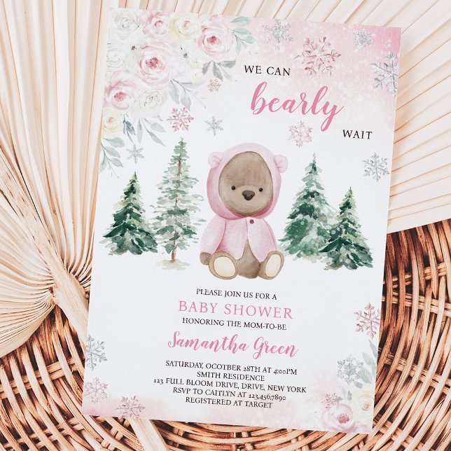 Convites Chá de Bebê Urso de Inverno Rosa (Criador carregado)