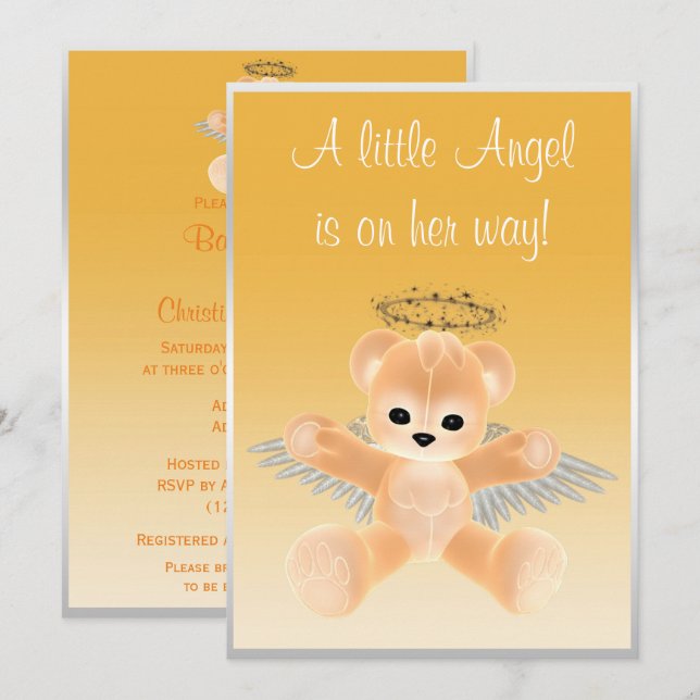 Convites Chá de Bebê Urso de Pelúcia Anjo Laranja (Frente/Verso)