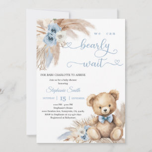 Convites Chá de Bebê Urso de Pelúcia Azul Boho