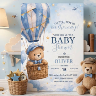 Convites Chá de Bebê Urso de Pelúcia Azul Fofo em Balão de