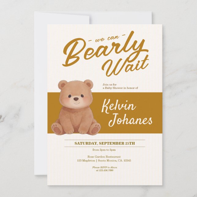 Convites Chá de Bebê Urso de Pelúcia Bearly Wait Despojado (Frente)