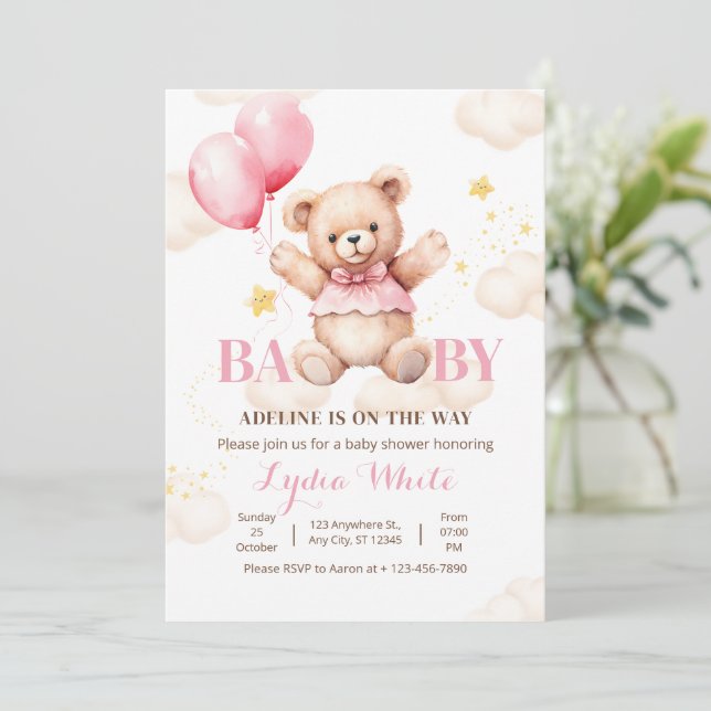 Convites Chá de Bebê Urso de Pelúcia com Balão Menina (Em pé/Frente)