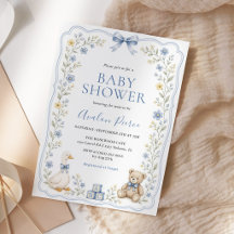Chá de Bebê Urso de Pelúcia Floral Azul de Família