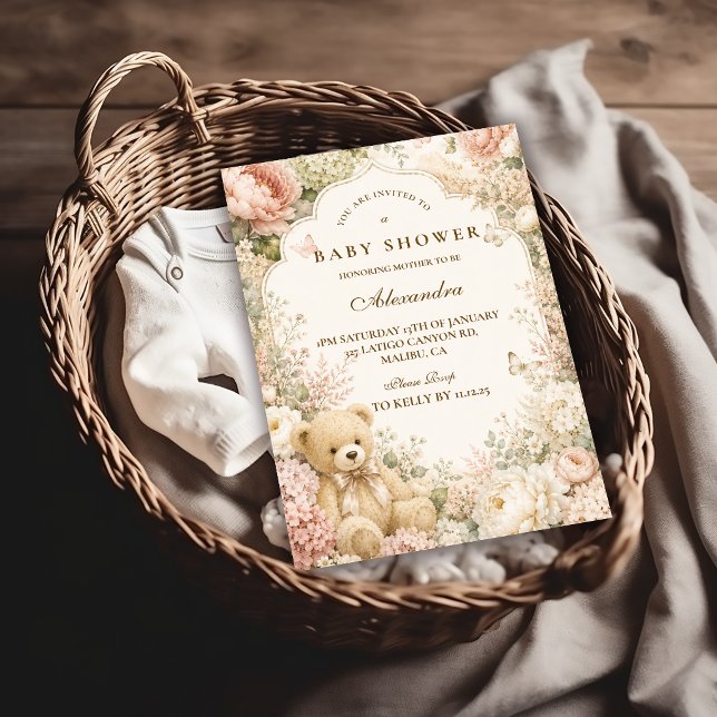 Convites Chá de Bebê Urso de Pelúcia Floral Botânica (Criador carregado)