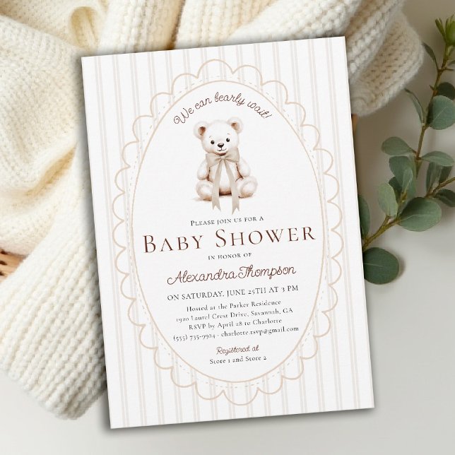 Convites Chá de Bebê Urso de Pelúcia Listras Neutras Laço (bearly wait baby shower invitation traditional classic nursery decor stripes scallops teddy bear bow)