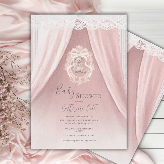 Convites Chá de Bebê Urso Elegante Caprichoso Rosa (Criador carregado)