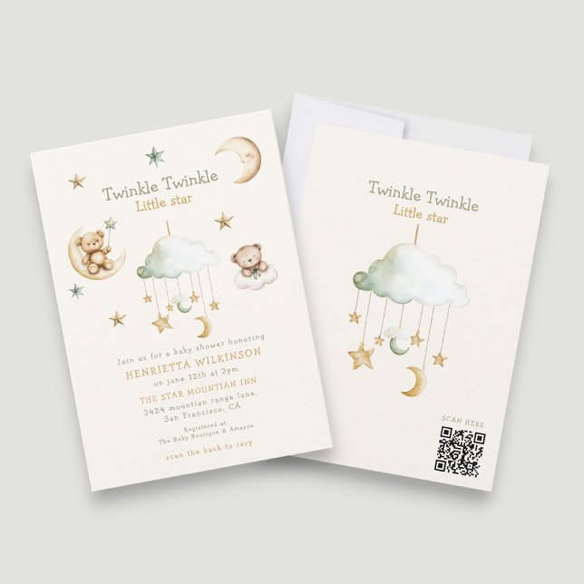 Convites Chá de Bebê Urso Estrela Lua Twinkle Twinkle Littl (Criador carregado)
