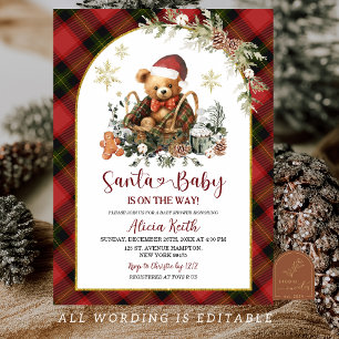 Convites Chá de Bebê Urso Festa de Natal Vermelho Tartan