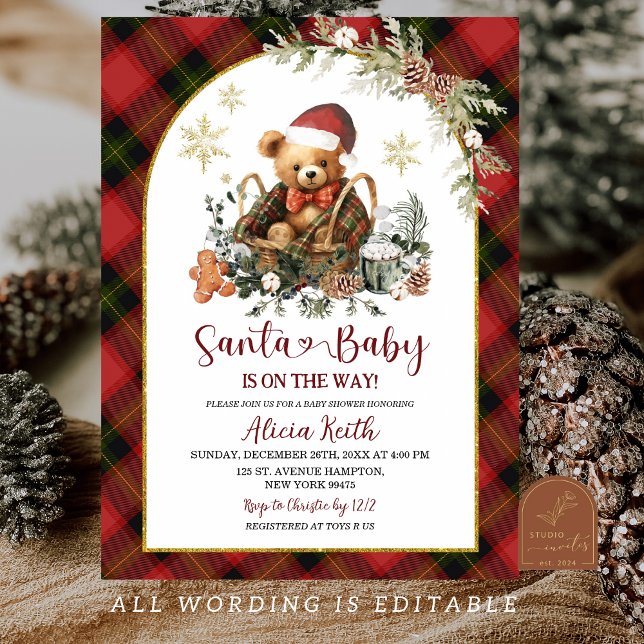 Convites Chá de Bebê Urso Festa de Natal Vermelho Tartan (Criador carregado)