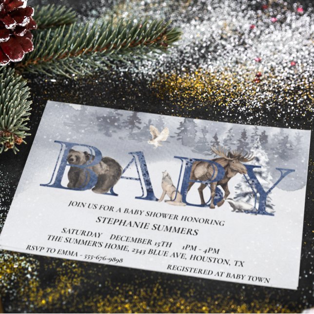 Convites Chá de Bebê Urso Florestal Inverno Aquarela (Criador carregado)