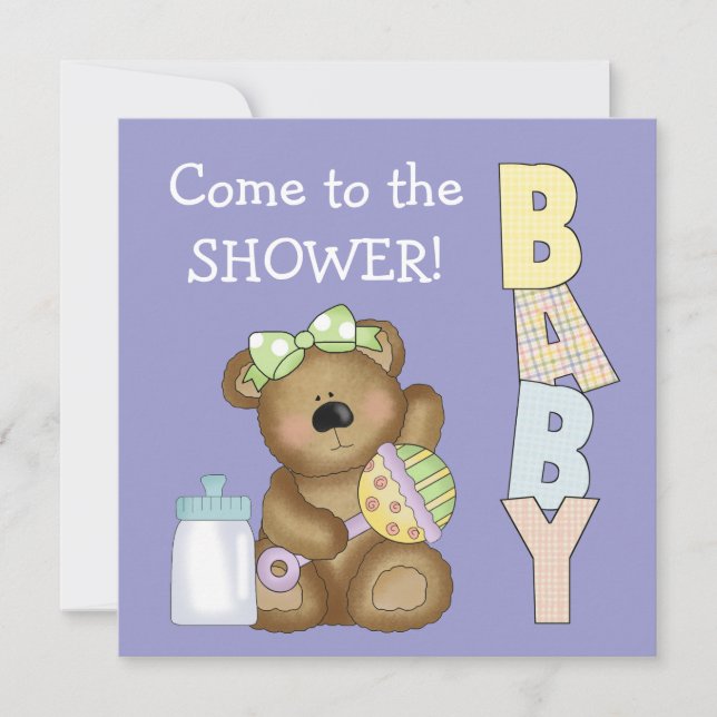 Convites Chá de Bebê + Urso Fofo com Chocalho de Bebê + Mam (Frente)
