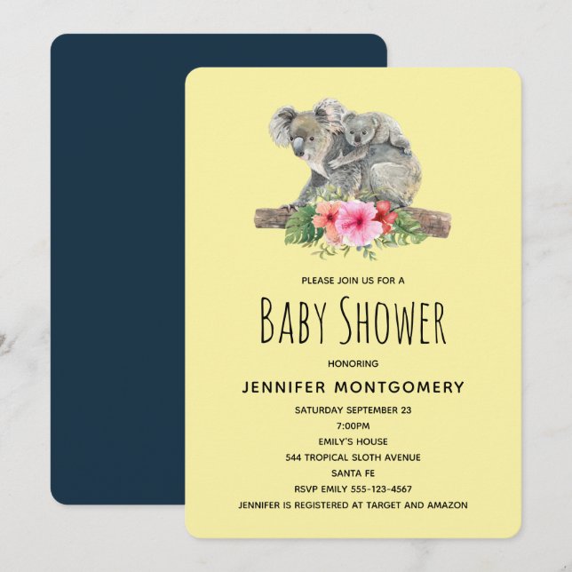 Convites Chá de Bebê Urso Koala em Aquarela Mãe e Bebê Fofo (Frente/Verso)