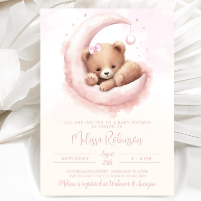 Convites Chá de Bebê Urso Menina Aquarela Rosa Choque (Sweet watercolor baby girl bear with pink bow. Simply add your event details.)