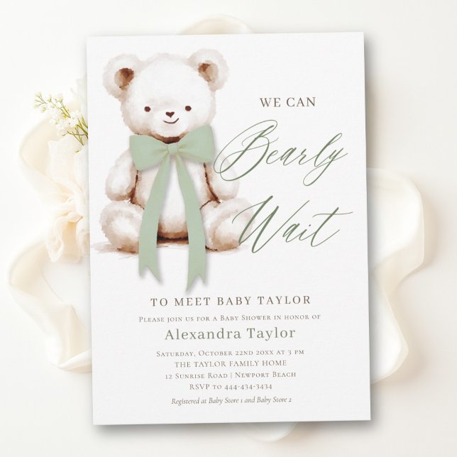 Convites Chá de Bebê Urso Moderno Sage Bow Esperando Ansios (modern minimalist baby shower invitation bearly wait teddy bear bow calligraphy sage green)