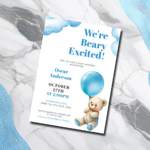 Convites Chá de Bebê Urso Sentado Balão Azul Aquarela