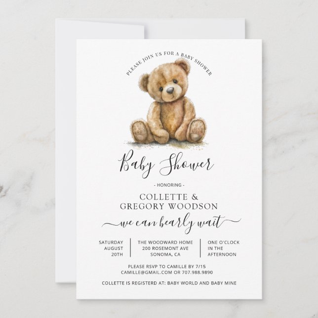 Convites Chá de Bebê Urso Simples em Aquarela (Frente)