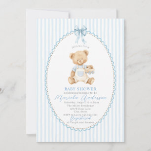 Convites Chá de Bebê Urso Teddy Aquarela Elegante laço azul