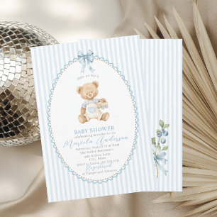 Convites Chá de Bebê Urso Teddy Aquarela Elegante laço azul