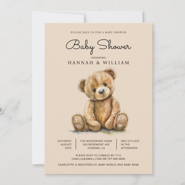 Convites Chá de Bebê Urso Teddy Aquarela Fofa (Frente)