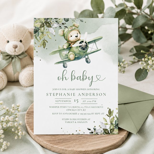 Convites Chá de Bebê Urso Teddy Avião Antigo | (Criador carregado)