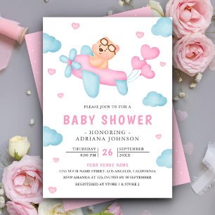 Convites Chá de Bebê Urso Teddy Avião Rosa Fofo