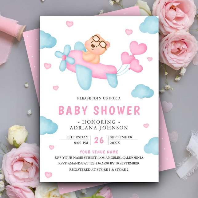 Convites Chá de Bebê Urso Teddy Avião Rosa Fofo (Criador carregado)