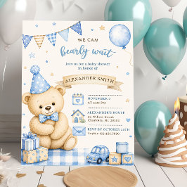 Convites Chá de Bebê Urso Teddy Azul Mal Podemos Esperar