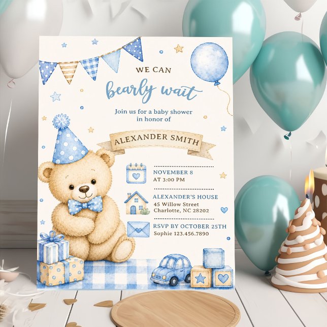 Convites Chá de Bebê Urso Teddy Azul Mal Podemos Esperar (Criador carregado)
