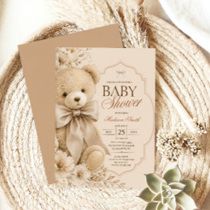 Convites Chá de Bebê Urso Teddy Bege Elegante