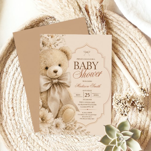 Convites Chá de Bebê Urso Teddy Bege Elegante (Criador carregado)