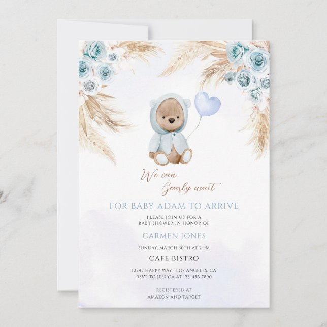 Convites Chá de Bebê Urso Teddy Boho (Frente)