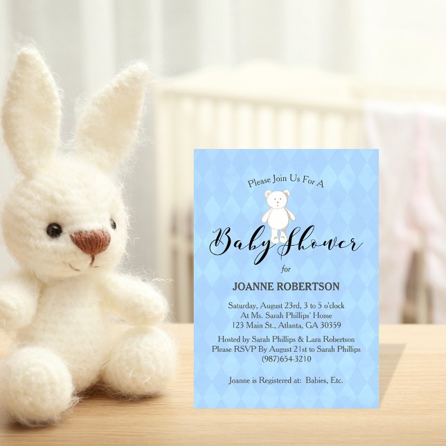 Convites Chá de Bebê Urso Teddy Branco Diamante Azul (Criador carregado)